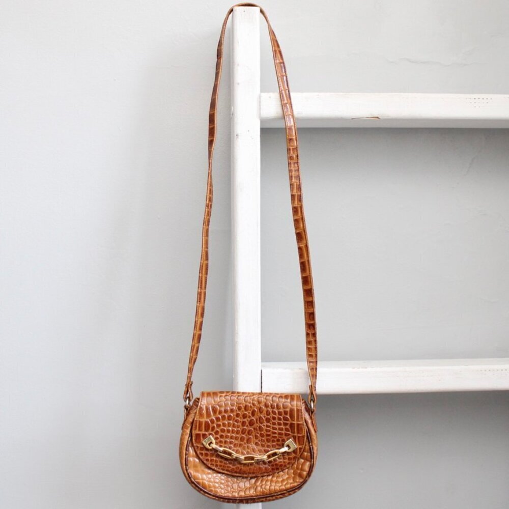 Jones New York Vintage Leather Cognac Brown Croc Gold Chain Mini Crossbody Bag